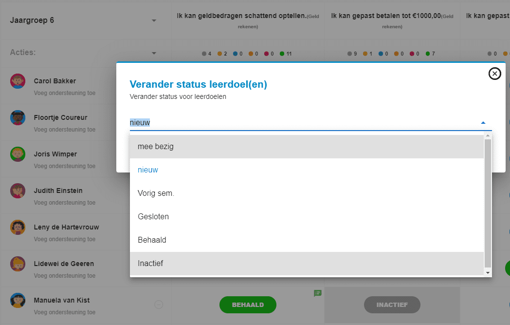 Status inactief toegevoegd aan acties voor de leerkracht