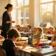 Leraar voor een zonnige Nederlandse basisschoolklas waar leerlingen wisselend betrokken zijn bij hun werk.