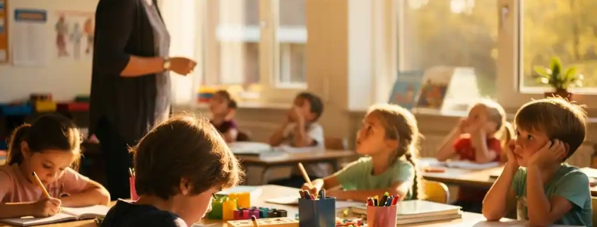 Leraar voor een zonnige Nederlandse basisschoolklas waar leerlingen wisselend betrokken zijn bij hun werk.
