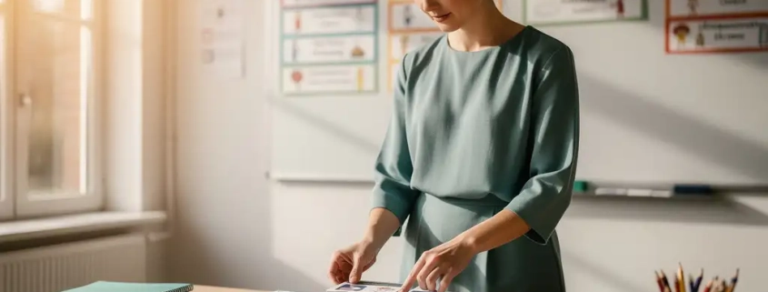 Nederlandse basisschoollerares rangschikt curriculumkaarten op een houten bureau, kleurrijke leerdoelenborden zichtbaar op het whiteboard achter haar.