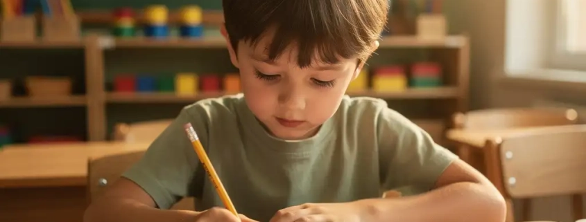Jong kind schrijft aandachtig in een schrift aan een houten schoolbank, warme ochtendzon vanuit zijraam, kleurrijke leermaterialen op achtergrond.