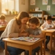 Leraar naast leerling bij bureau in Nederlandse basisschoolklas, samen kleurrijke leermap bekijkend, zachte ochtendzon door grote ramen.