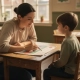 Leraar naast leerling aan houten schooltafel, wijzend naar kleurrijke voortgangskaart op papier, in een warme Nederlandse klas.