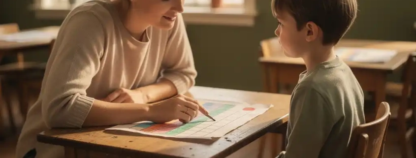 Leraar naast leerling aan houten schooltafel, wijzend naar kleurrijke voortgangskaart op papier, in een warme Nederlandse klas.