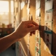 Leraar wijst met vinger een kleurrijke verticale tijdlijn op kurkbord aan, met leerlingkaarten langs het pad in een basisschoolklas.