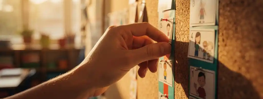 Leraar wijst met vinger een kleurrijke verticale tijdlijn op kurkbord aan, met leerlingkaarten langs het pad in een basisschoolklas.