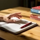 Leraarhand boven open lesplanner op houten bureau, rode pen bij gestapelde curriculumbinders in warm ochtendlicht.