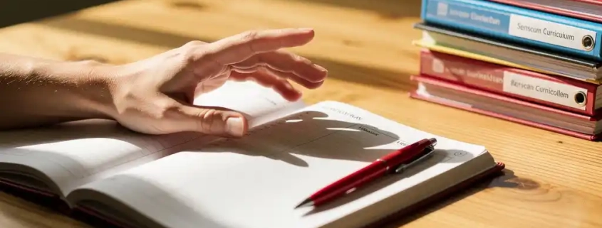 Leraarhand boven open lesplanner op houten bureau, rode pen bij gestapelde curriculumbinders in warm ochtendlicht.