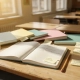 Open lesplanboek van een basisschoolleraar op een houten bureau, omringd door kleurrijke werkboeken, een potlood en sticky notes met aantekeningen.