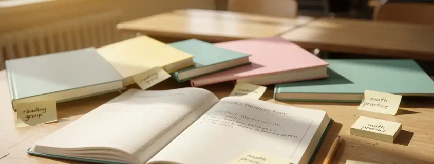 Open lesplanboek van een basisschoolleraar op een houten bureau, omringd door kleurrijke werkboeken, een potlood en sticky notes met aantekeningen.