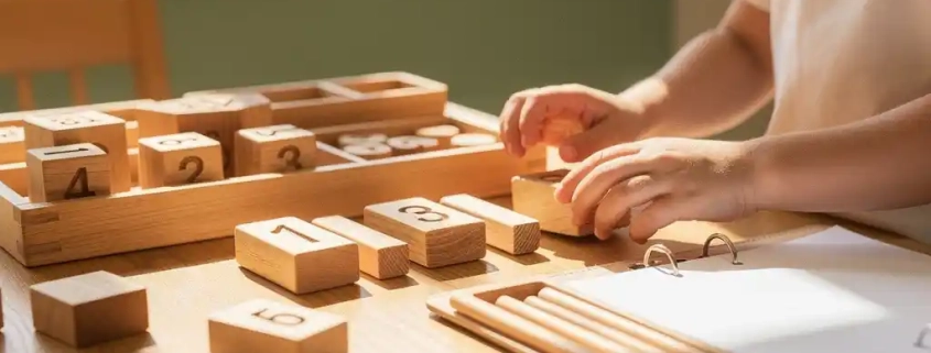 Klein kind ordent houten Montessori-materialen op eikenhouten tafel naast open curriculum­map, warm ochtendlicht door schoolramen.