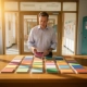 Schooldirecteur bekijkt kleurrijke leerlingvoortgangskaarten op een houten bureau, moderne Nederlandse basisschoolgang zichtbaar op de achtergrond.