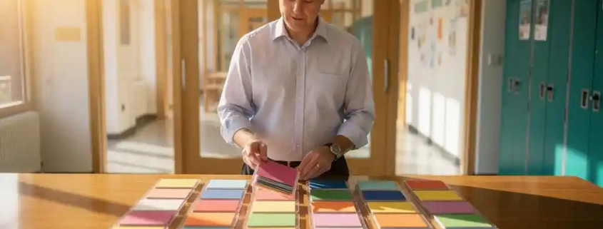 Schooldirecteur bekijkt kleurrijke leerlingvoortgangskaarten op een houten bureau, moderne Nederlandse basisschoolgang zichtbaar op de achtergrond.