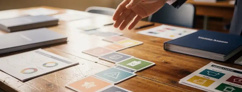 Schooldirecteur die curriculum kaarten, leerpadgrafieken en lessmappen ordent op houten tafel in warm verlicht klaslokaal.