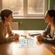 Stagebegeleider en leerkracht bekijken samen een leerlingvoortgangsoverzicht aan een eiken tafel in een zonnig klaslokaal.