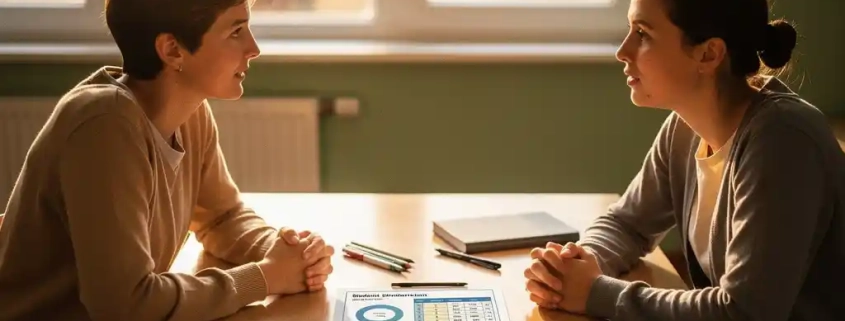 Stagebegeleider en leerkracht bekijken samen een leerlingvoortgangsoverzicht aan een eiken tafel in een zonnig klaslokaal.