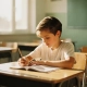 Jonge leerling werkt zelfstandig aan een werkboek op een houten schoolbank, zacht middaglicht door grote ramen.