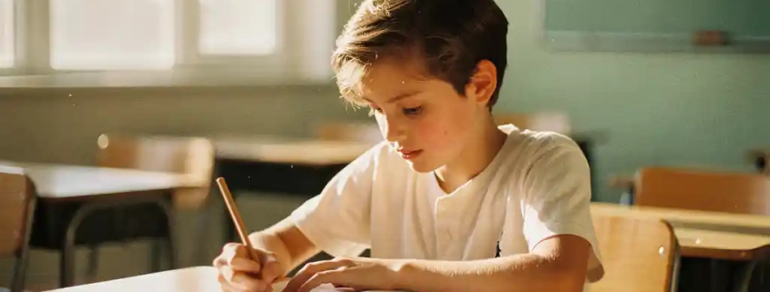 Jonge leerling werkt zelfstandig aan een werkboek op een houten schoolbank, zacht middaglicht door grote ramen.